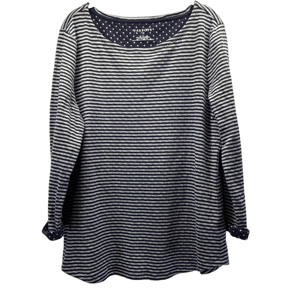 Talbots Women's Top Size Large Blue White Mixed Prints 3/4 Sleeves Pullover